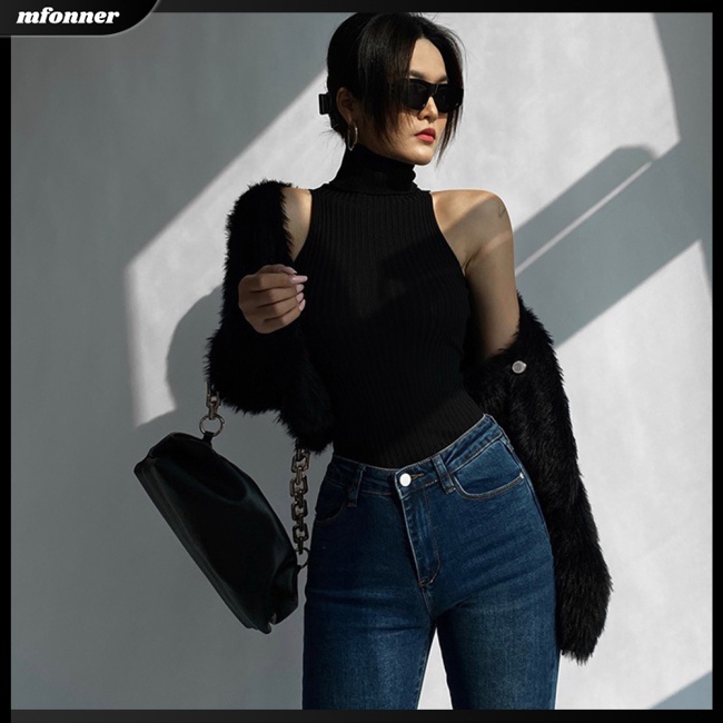 Áo Sweater Dệt Kim Cổ Lọ Không Tay Màu Sắc Đơn Giản Cho Nữ