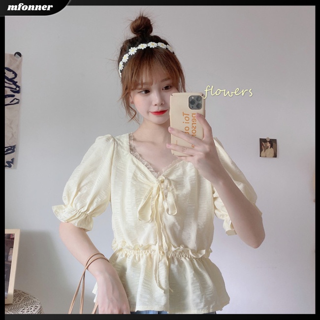 Áo Kiểu Tay Phồng Cổ Chữ V Màu Sắc Ngọt Ngào Nữ Tính