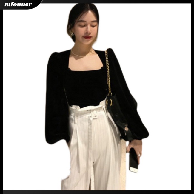 Áo Kiểu Tay Phồng Dài Cổ Vuông Chất Liệu Nhung Phong Cách Hoàng Gia Ngọt Ngào