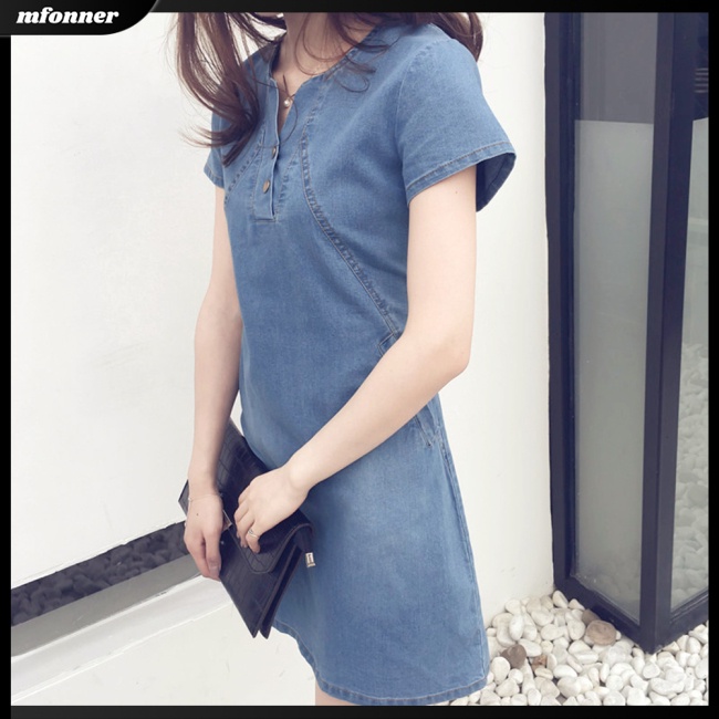 MV Women  Denim  Skirt Button Round Neck Short-sleeved Solid Color Casual Pullover Midi Dress