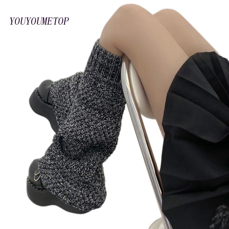 Youyo Vớ Ống Loe Dệt Kim Giữ Ấm Chân Màu Xám Đen Phong Cách Punk Gothic Harajuku Cổ Điển Cho Nữ