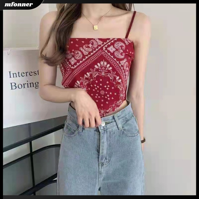 Áo Hai Dây Cổ Yếm Dáng Ngắn In Họa Tiết Caro Phong Cách Retro Quyến Rũ Cho Nữ