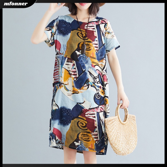 Đầm Midi Tay Ngắn In Họa Tiết Thổ Cẩm Cổ Điển Thời Trang Mùa Hè Xinh Xắn Cho Nữ