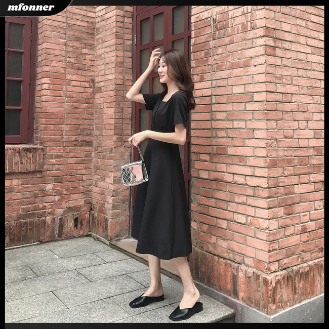 Đầm Đen Cổ Vuông Dáng Chữ A Phong Cách Retro Cho Nữ