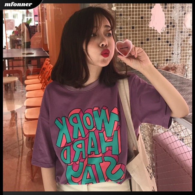 Áo Thun Tay Ngắn Dáng Rộng In Chữ Thời Trang Cho Bạn Gái