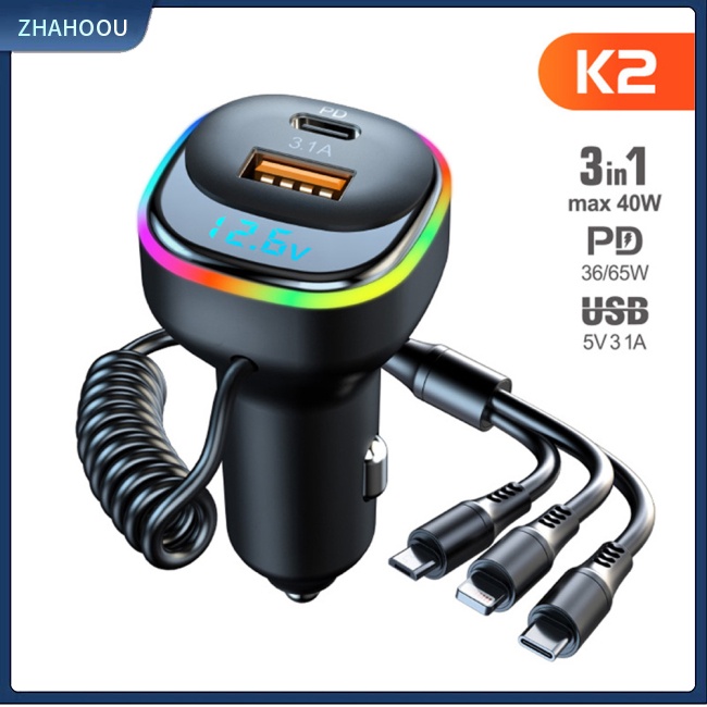 ☃Nhà Cửa☃ Dây Cáp Sạc Nhanh Đa Năng 3 Trong 1 Cho Xe Hơi K2 12-24v Pd65w Qc3.0