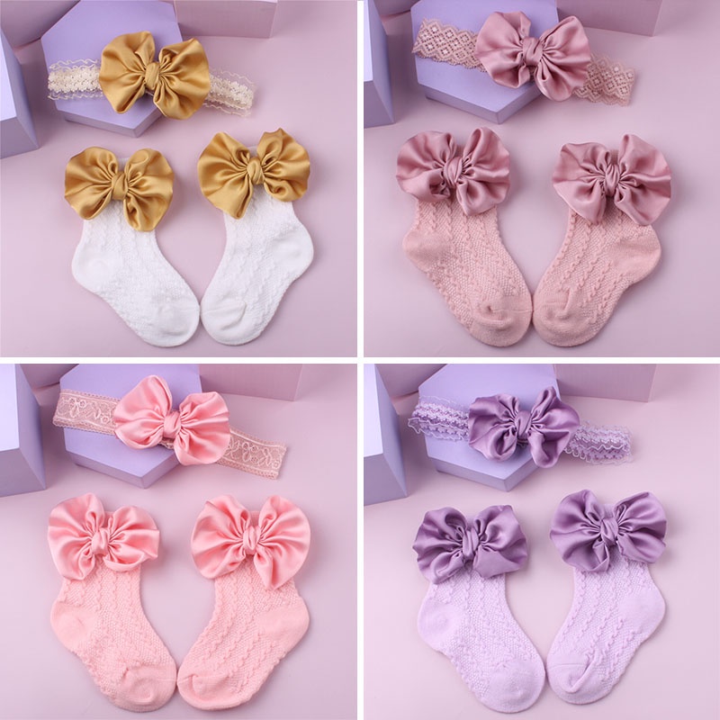 Set Băng Đô Vớ Cotton Đính Nơ Lớn Dễ Thương Cho Bé Gái