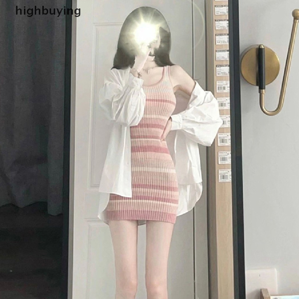 Đầm Dệt Kim Ôm Dáng Không Tay Họa Tiết Kẻ Sọc Màu Hồng Belle Thời Trang Mùa Hè Cho Nữ