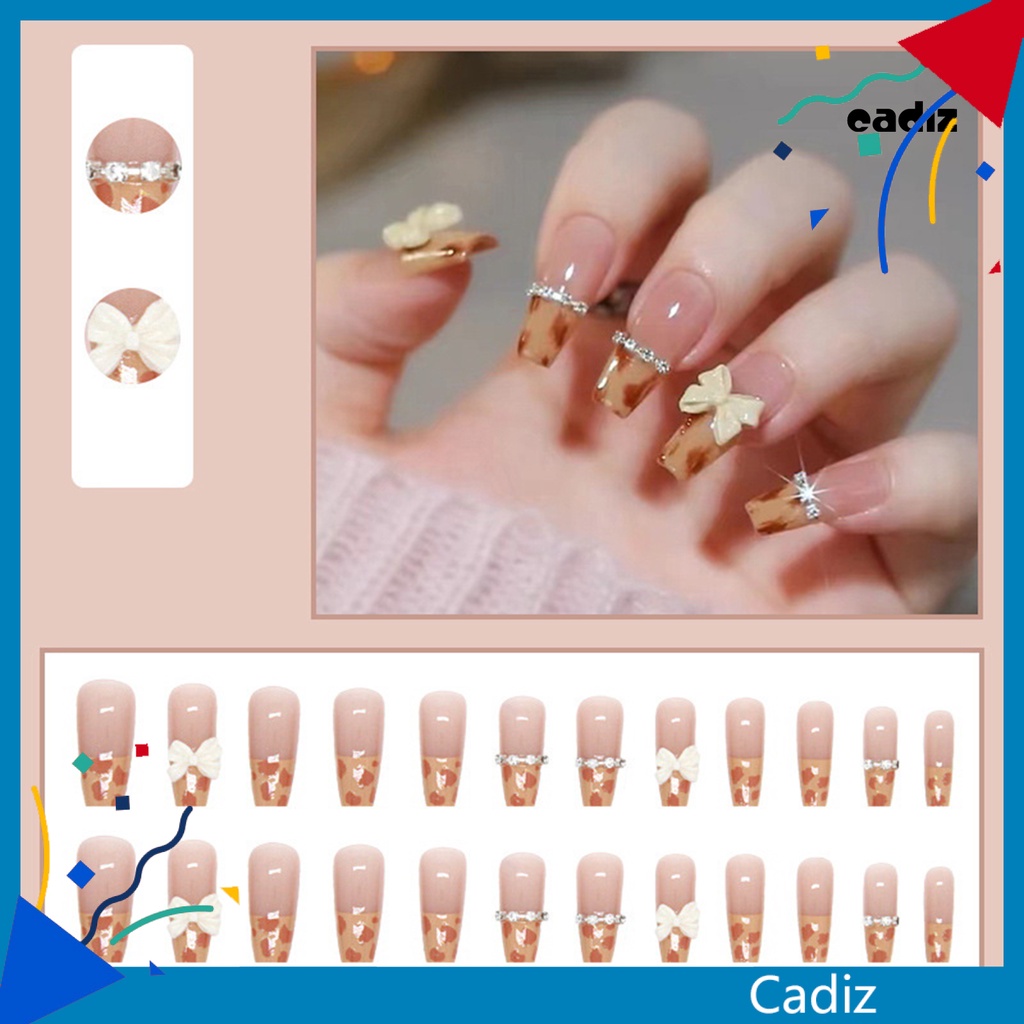 1 Bộ Móng Tay Giả Họa Tiết Da Báo Đính Đá Lấp Lánh Dễ Tẩy Trang Diy