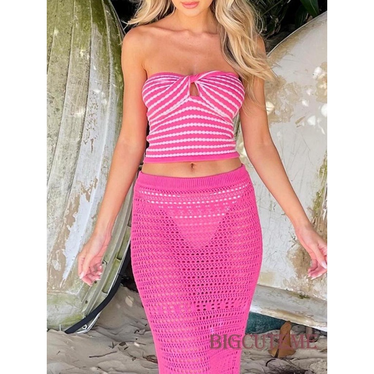 Set Đồ Mùa Hè 2 Món Gồm Áo Dệt Kim Sọc Thắt Nút + Chân Váy Dài Lưng Thun Cao Co Giãn Cho Nữ