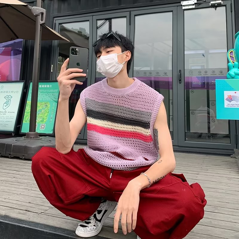 Áo Sweater Dệt Kim Sát Nách Dáng Rộng Thoáng Khí Kẻ Sọc Màu Sắc Tương Phản