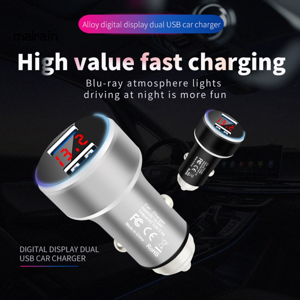 Tẩu Sạc Hai Cổng USB 5V 3.1A Màn Hình Kỹ Thuật Số Bằng Kim Loại Bền Bỉ Dùng Trong Xe Hơi