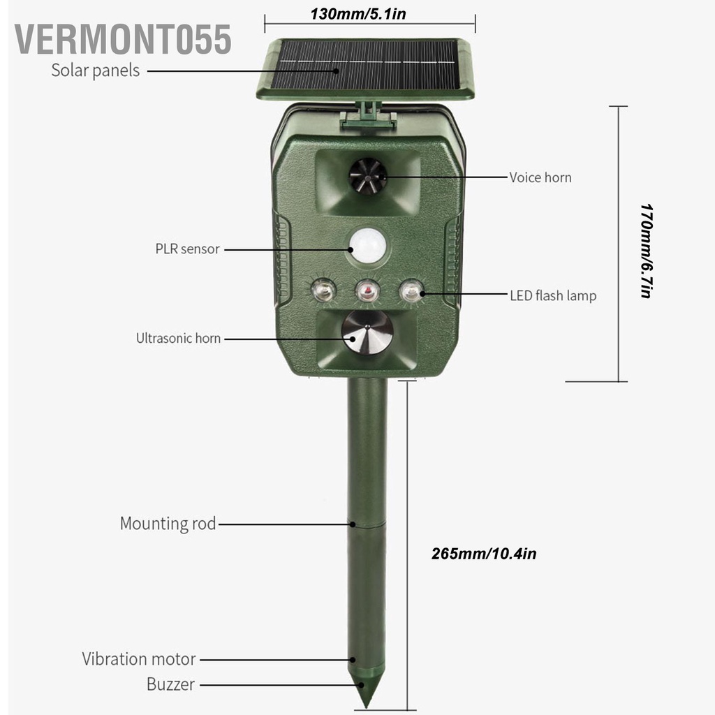 Vermont055 Thiết bị xua đuổi động vật siêu âm năng lượng mặt trời Đèn LED nhấp nháy IP55 ngăn chặn chống nước cho sân vườn trang trại cây ăn trái