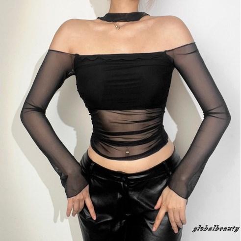 Áo Croptop Dài Tay Trễ Vai Phối Lưới Xuyên Thấu Phong Cách Đường Phố Gợi Cảm