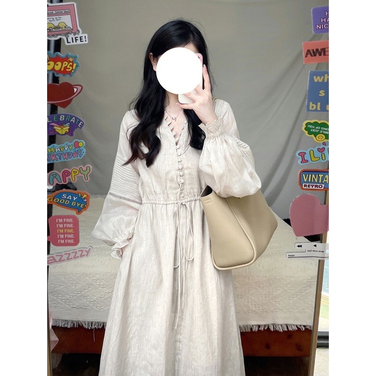 Đầm Dài Vải Lanh Cotton Tay Phồng Cổ Chữ v Phong Cách Retro Pháp