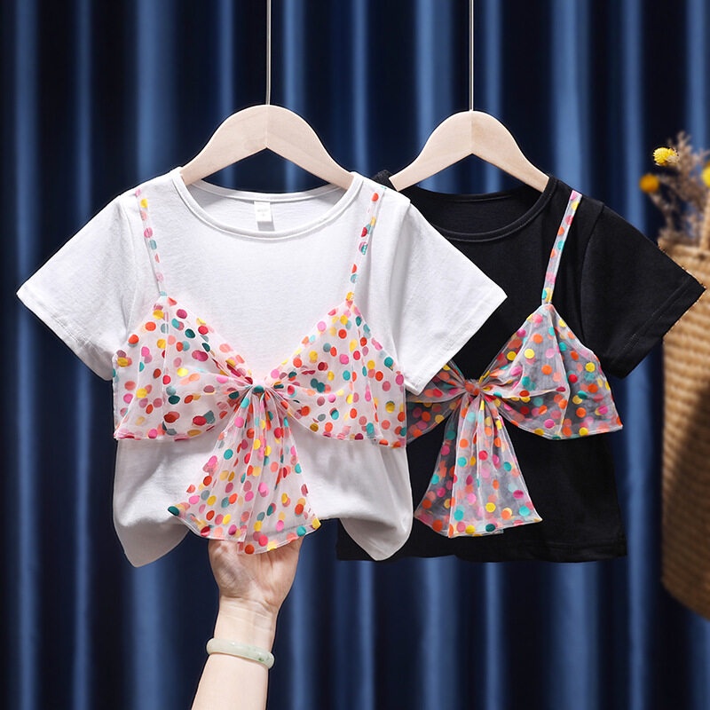 Áo Thun Cotton Tay Ngắn Phối Lưới Thời Trang Mùa Hè Hàn Quốc 2023 Dành Cho Bé Gái