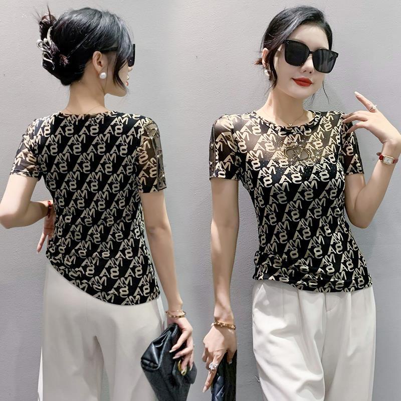 Áo Ngắn Tay Ôm Dáng Đính Kim Cương Khoét Rỗng Gợi Cảm Mùa Hè Châu Âu Cho Nữ @ -