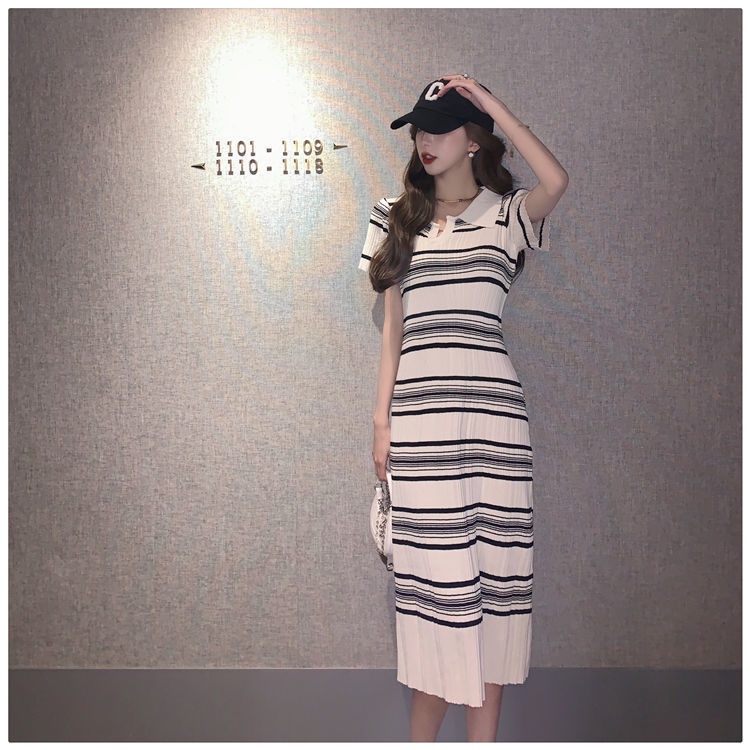 Đầm Thun POLO Dệt Kim Họa Tiết Kẻ Sọc Ngang Phong Cách retro Mùa Hè