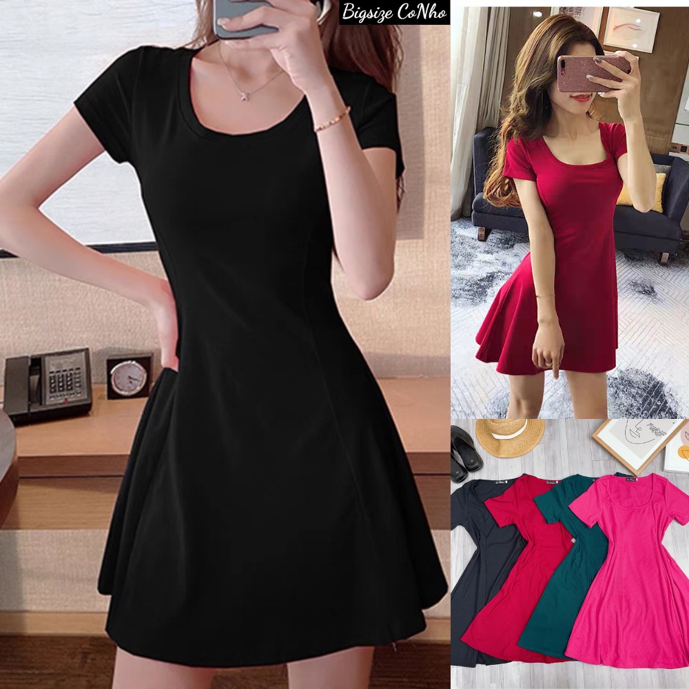 Váy đầm dự tiệc bigsize cổ chữ U dáng xòe tay ngắn chất gân tăm co giãn mặc đi tiệc cho nàng mập 60-95kg G115