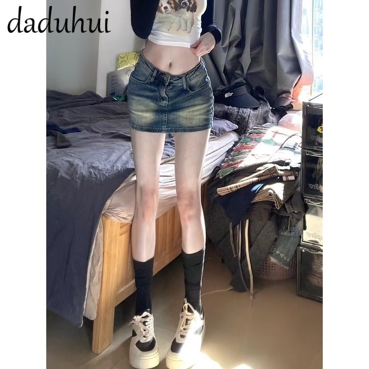 Daduhui New American Style Retro Washed Yellow Mud Denim Skirt High Waist Niche A- line Skirt Bag Hip Skirt
