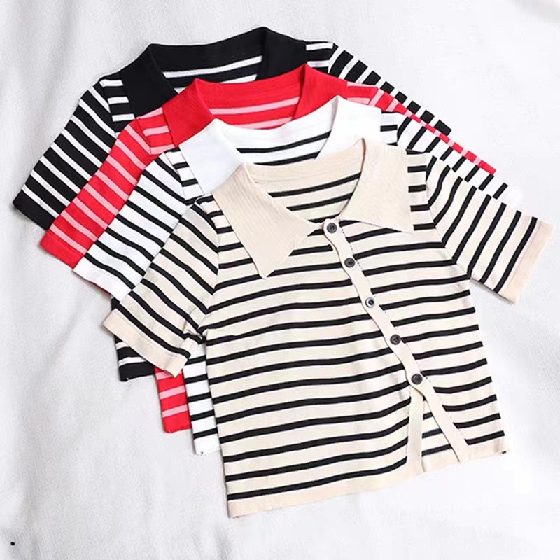 Áo Cardigan Dệt Kim Tay Ngắn Cổ polo Họa Tiết Kẻ Sọc Thời Trang Mùa Hè Hàng Mới Dành Cho Bạn Nữ