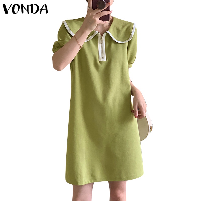 Đầm VONDA ngắn tay cổ búp bê phối khóa kéo dáng chữ H thời trang Hàn Quốc cho nữ