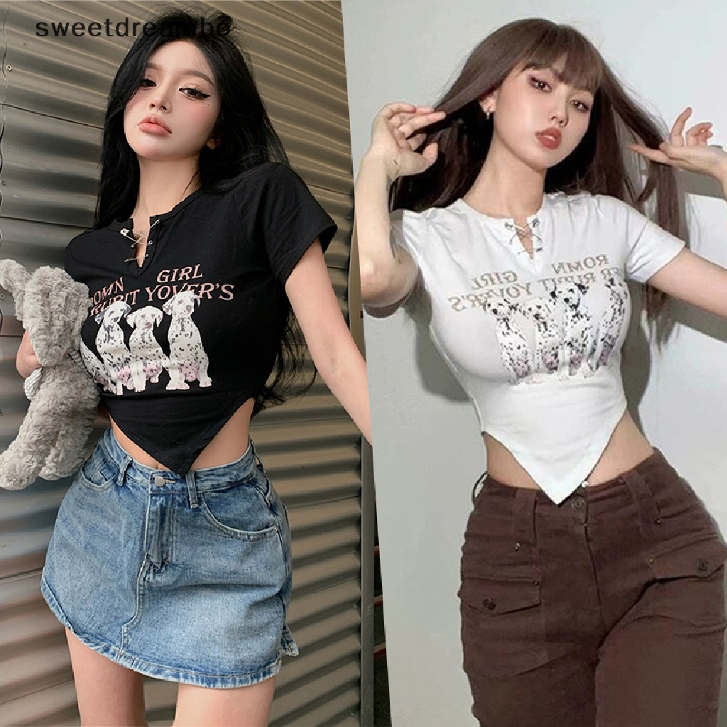 SWE Áo Thun Croptop Tay Ngắn Cổ Chữ V In Họa Tiết Hoạt Hình Phong Cách Retro Dành Cho Nữ DRN