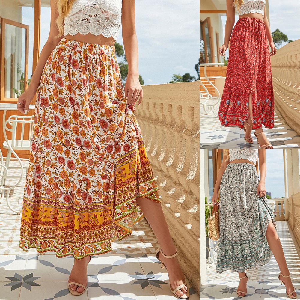 Chân Váy Midi In Hoa Vải Cotton Nhún Bèo Phong Cách Bohemian Cổ Điển [MM0425]