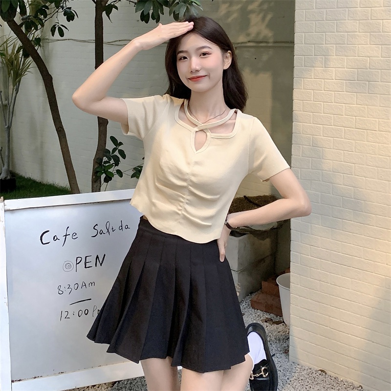 Áo Thun Tay Ngắn Màu Trơn Thiết Kế Xếp Ly Thời Trang Hàn Quốc Cho Nữ