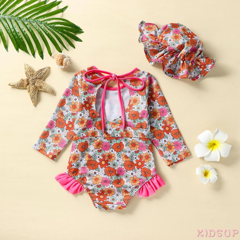 Bộ Đồ Bơi 1 Mảnh Cổ Tròn Tay Dài In Hoa / Lá / Mũ Dành Cho Bé Gái