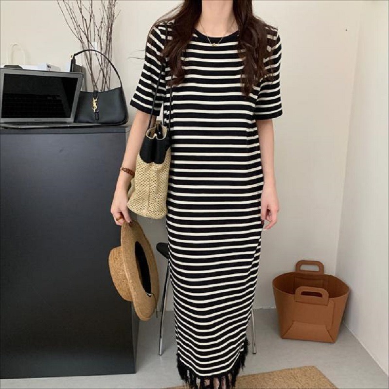 SUXI Đầm Dệt Kim Dáng Dài Form Rộng Họa Tiết Kẻ Sọc Màu Sắc Thời Trang Cho Nữ