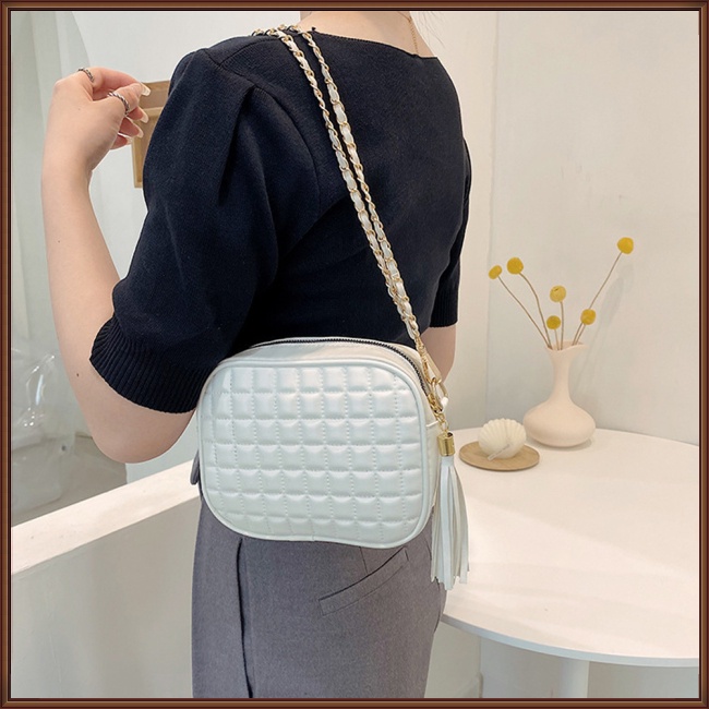 Túi Xách Da Pu Mini Dáng Vuông Vân Kim Cương Phối Dây Xích Kiểu Retro Đơn Giản Cho Nữ