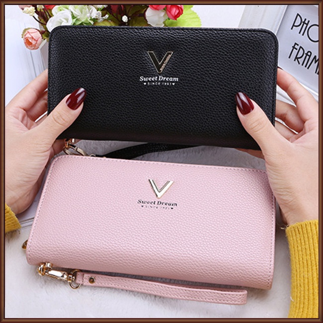 Ví Da Mỏng Đựng Thẻ Tín Dụng In Chữ V Kèm Dây Đeo Cổ Tay Thời Trang Cho Nữ
