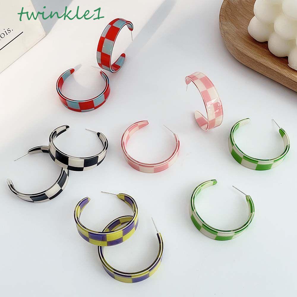 Bông Tai Mạ Bạc 925 Hình Tròn Họa Tiết Sọc Caro Trắng Đen|Khuyên Tai Kim Hình Học Thời Trang Nữ Tính