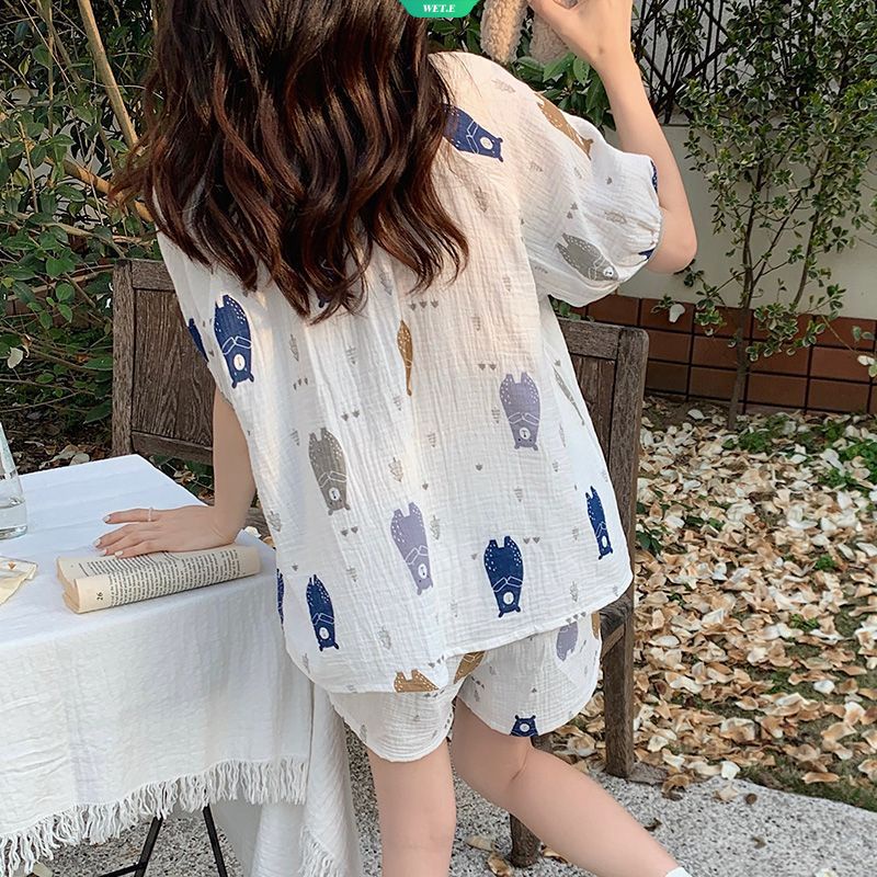 Bộ Đồ Ngủ Tay Ngắn Cổ Tròn In Hình Gấu Dễ Thương Thời Trang Mùa Hè 2023 Phong Cách Nhật Bản Cho Nữ