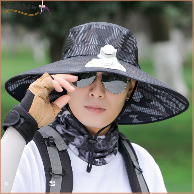 Mũ Bucket Chống Nắng Vành Rộng Thoáng Khí Có Thể Điều Chỉnh Kèm Quạt Họa Tiết Rằn Ri Cho Nam