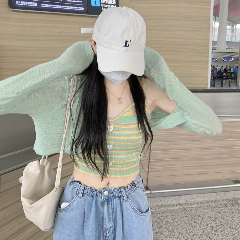 COZOK Áo Dệt Kim Sát Nách Dáng Ôm Kẻ Sọc Cầu Vồng Thời Trang Quyến Rũ