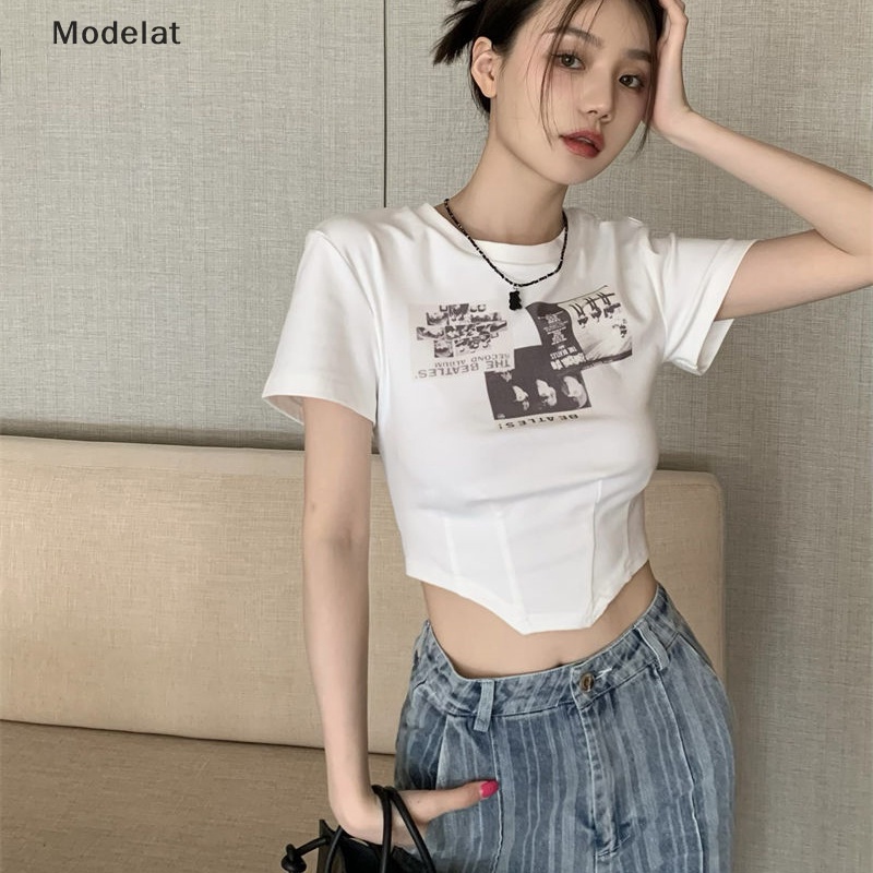 Áo Croptop Tay Ngắn Cổ Tròn In Họa Tiết Phong Cách Retro Dành Cho Nữ