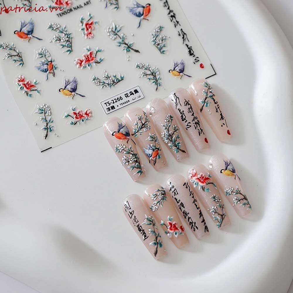 Miếng Dán Móng Tay Tự Dính Họa Tiết Chim Thư Pháp Trung Hoa Cổ Điển Dành Cho Bạn Nữ