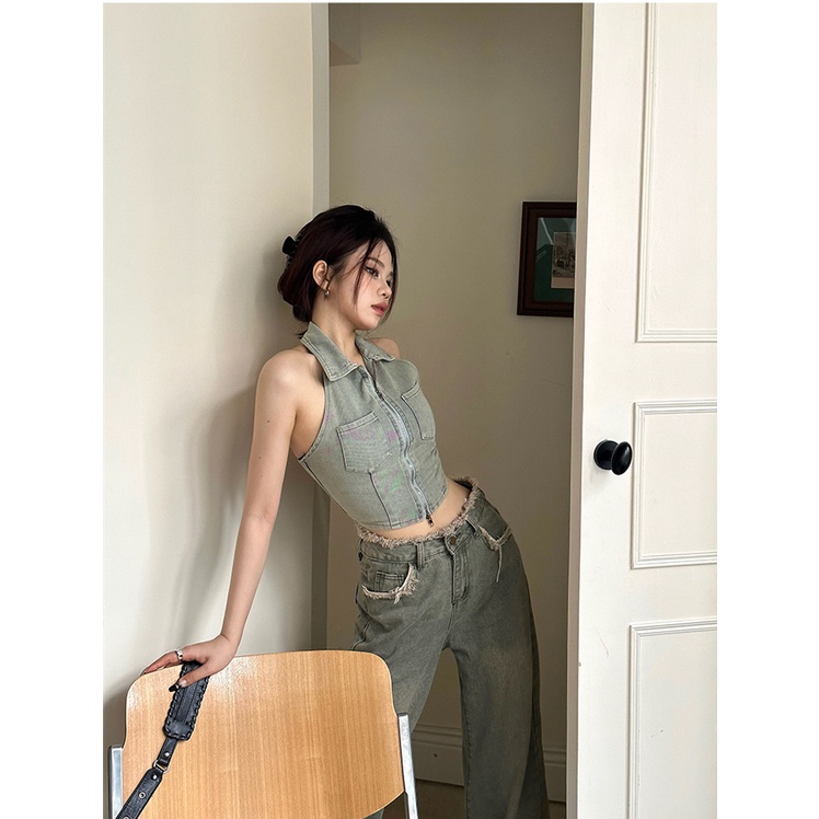 COZOK Áo denim Không Tay Phối Khóa Kéo Phong Cách retro Thời Trang