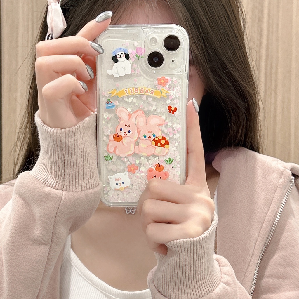 Ốp Điện Thoại PC Cứng Họa Tiết Thỏ Hoạt Hình Phối Cát Lún Lấp Lánh Chống Sốc Cho iPhone11 12 13 14 Pro Max