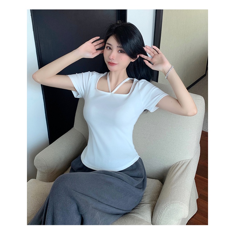 SUXI Áo Thun Tay Ngắn Cổ Vuông Màu Trơn Thời Trang Mùa Hè Cho Nữ