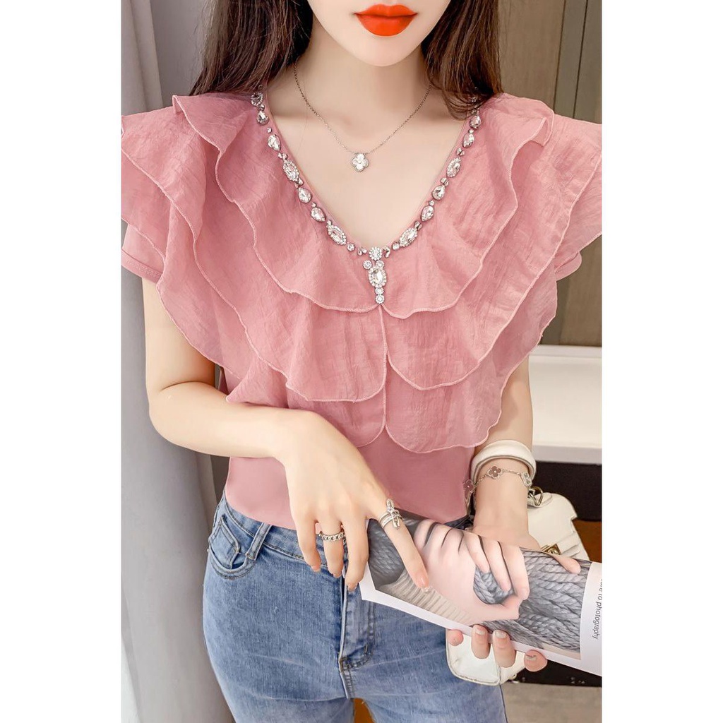 Áo Sơ Mi Chiffon Cổ V Tay Ngắn Phong Cách Thời Trang Pháp Hàng Mới 2023