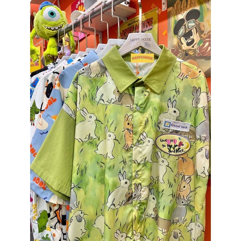 [F &amp; X] Áo Sơ Mi Cardigan Dáng Rộng In Hình Thỏ Màu Xanh Lá Mùa Hè 2023 Dễ Phối Đồ Phong Cách Retro Cho Nữ
