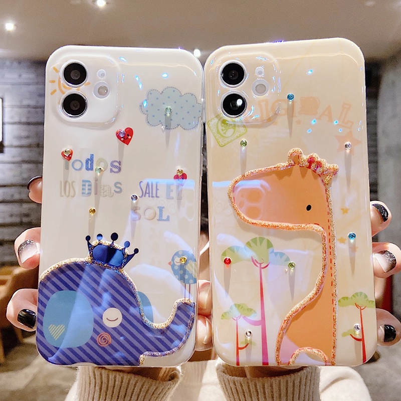 Ốp Điện Thoại Mềm Hình Voi / Hươu Cao Cổ Đính Đá Dán Keo Cho iPhone 11 14 Plus XR XS 12 13 Pro Max