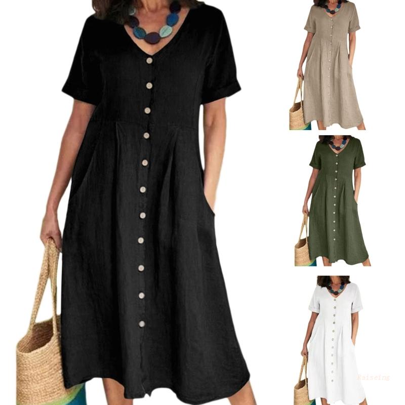 Đầm Dài Tay Ngắn Cổ Chữ V Eo Cao Có Túi Thời Trang Dành Cho Nữ