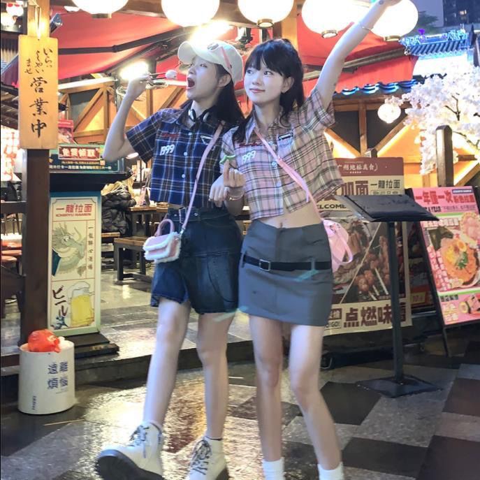 COZOK Áo Sơ Mi Ngắn Tay Dáng Ôm Hoa Văn Kẻ Ô Phong Cách vintage Thời Trang