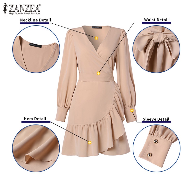 Zanzea Đầm Nữ Dài Tay Cổ Chữ V Nhún Bèo Thời Trang