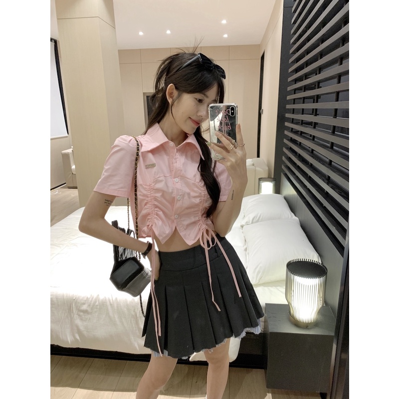 Áo Sơ Mi Tay Ngắn Phối Dây Rút Thiết Kế Đơn Giản Thời Trang Mùa Hè Năng