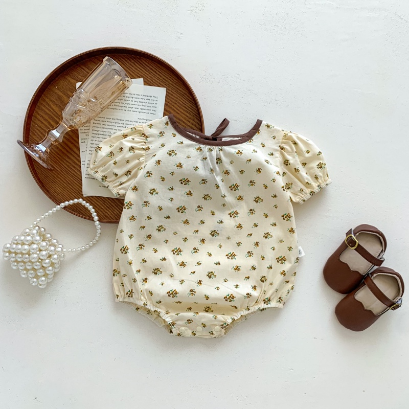 Bộ Áo Liền Quần Bằng Cotton Tay Ngắn In Hoa Dành Cho Bé Gái 0-2 Tuổi
